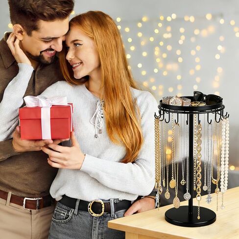 Necklace Holder Metal Jewelry Organizer Stand, Necklace Organizer Hanger with Tray & Hooks for Desk, Jewelry Holder for Necklaces Bracelets and Keychains, Elegant Home Hanging Decor - Black in Saudi Arabia