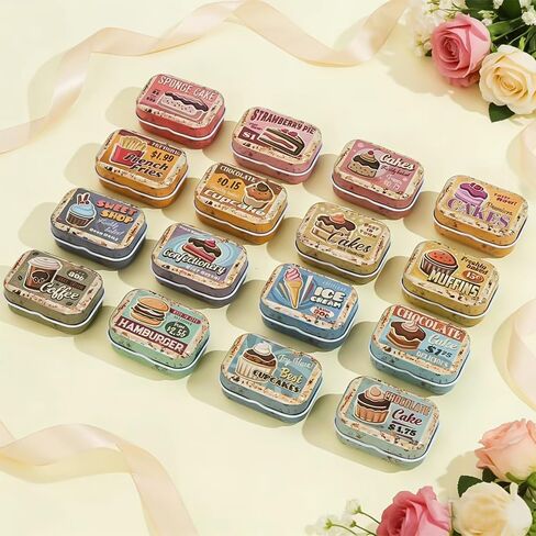 16 Pcs Mini Dessert Tin Trinket, Mini Tin Coin Box with Lids, Rectangle Trinket Tinplate Container, Jewelry Organizer Storage Box Decorative for Pills, Candies, Earrings 2.16x1.57x0.98 Inch in Saudi Arabia