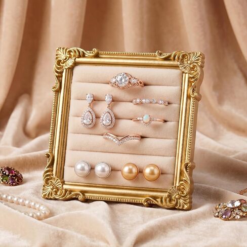 Unittype Vintage Ring Holder 4.53x4.53 in Square Gold Ring Wedding Display Suede Jewelry Box Stand Frame Earring Tray Anniversary Engagement Baroque Organizer Photograph Prop for Women Birthday Gift in Kuwait