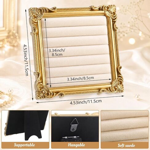 Unittype Vintage Ring Holder 4.53x4.53 in Square Gold Ring Wedding Display Suede Jewelry Box Stand Frame Earring Tray Anniversary Engagement Baroque Organizer Photograph Prop for Women Birthday Gift in Kuwait