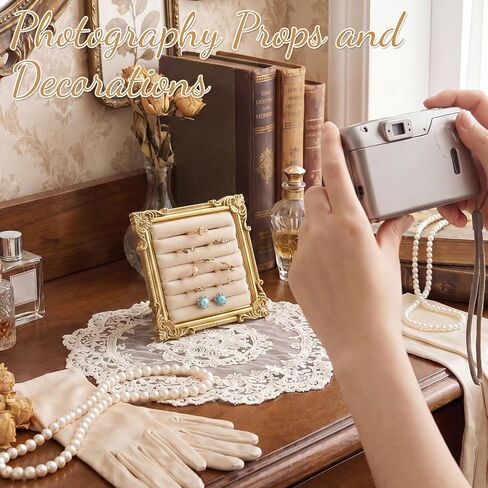 Unittype Vintage Ring Holder 4.53x4.53 in Square Gold Ring Wedding Display Suede Jewelry Box Stand Frame Earring Tray Anniversary Engagement Baroque Organizer Photograph Prop for Women Birthday Gift in Kuwait