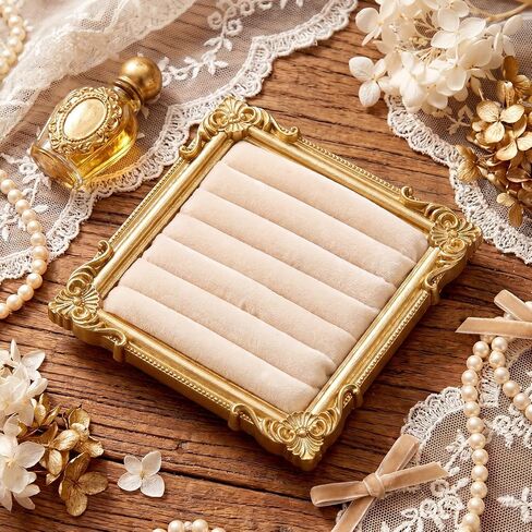 Unittype Vintage Ring Holder 4.53x4.53 in Square Gold Ring Wedding Display Suede Jewelry Box Stand Frame Earring Tray Anniversary Engagement Baroque Organizer Photograph Prop for Women Birthday Gift in Kuwait