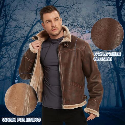 Mens Leather Coat, Brown Leather Fur Leon Kennedy Motorcycle Bomber Flight Comfort Outdoor Tactical Shearling Cosplay Daily Jacket Gift XX-Large in Saudi Arabia