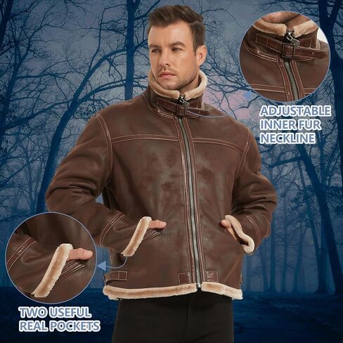 Mens Leather Coat, Brown Leather Fur Leon Kennedy Motorcycle Bomber Flight Comfort Outdoor Tactical Shearling Cosplay Daily Jacket Gift XX-Large in Saudi Arabia