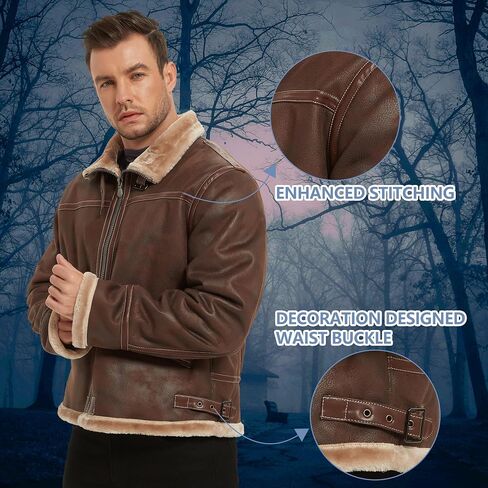 Mens Leather Coat, Brown Leather Fur Leon Kennedy Motorcycle Bomber Flight Comfort Outdoor Tactical Shearling Cosplay Daily Jacket Gift XX-Large in Saudi Arabia