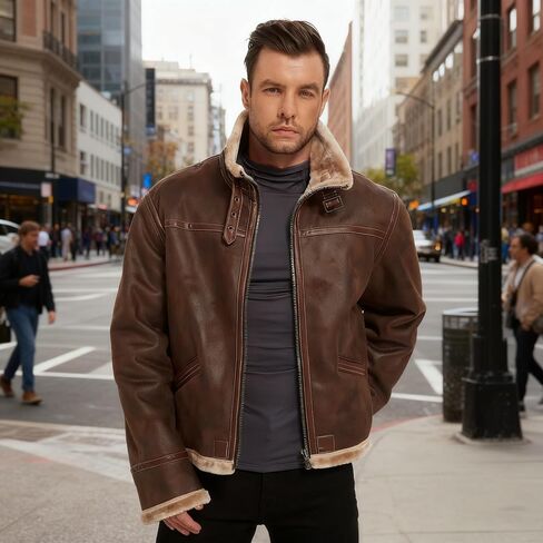 Mens Leather Coat, Brown Leather Fur Leon Kennedy Motorcycle Bomber Flight Comfort Outdoor Tactical Shearling Cosplay Daily Jacket Gift XX-Large in Saudi Arabia