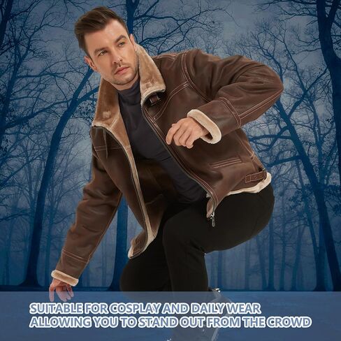 Mens Leather Coat, Brown Leather Fur Leon Kennedy Motorcycle Bomber Flight Comfort Outdoor Tactical Shearling Cosplay Daily Jacket Gift XX-Large in Saudi Arabia