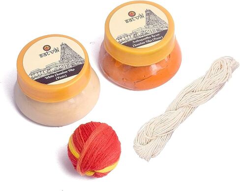 SATVIK 4 Pc Combo of Ashtagandha (Kesari) Safforn Chandan Tika Paste, White/Safed Gopi Chandan Tikka Paste, White Janeu & Red Mauli/Moli Tika Sandalwood Pila Tilak Mandir Kumkum Poojan Puja Items in Kuwait