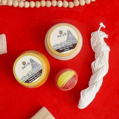 SATVIK 4 Pc Combo of Ashtagandha (Kesari) Safforn Chandan Tika Paste, White/Safed Gopi Chandan Tikka Paste, White Janeu & Red Mauli/Moli Tika Sandalwood Pila Tilak Mandir Kumkum Poojan Puja Items in Kuwait