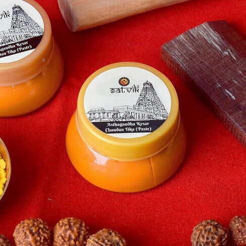 SATVIK 4 Pc Combo of Ashtagandha (Kesari) Safforn Chandan Tika Paste, White/Safed Gopi Chandan Tikka Paste, White Janeu & Red Mauli/Moli Tika Sandalwood Pila Tilak Mandir Kumkum Poojan Puja Items in Kuwait