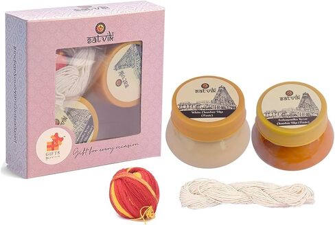 SATVIK 4 Pc Combo of Ashtagandha (Kesari) Safforn Chandan Tika Paste, White/Safed Gopi Chandan Tikka Paste, White Janeu & Red Mauli/Moli Tika Sandalwood Pila Tilak Mandir Kumkum Poojan Puja Items in Kuwait