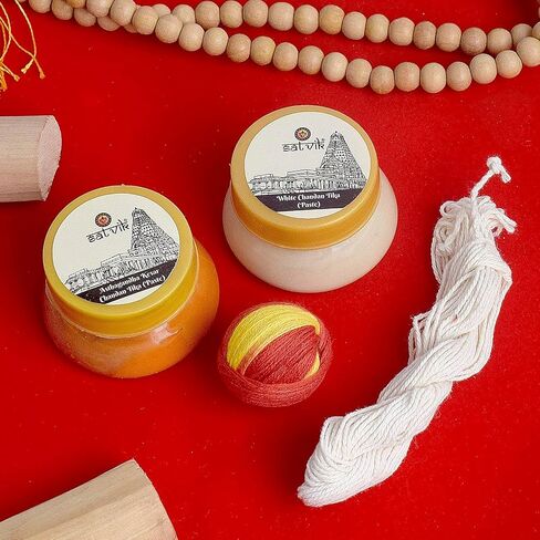 SATVIK 4 Pc Combo of Ashtagandha (Kesari) Safforn Chandan Tika Paste, White/Safed Gopi Chandan Tikka Paste, White Janeu & Red Mauli/Moli Tika Sandalwood Pila Tilak Mandir Kumkum Poojan Puja Items in Kuwait