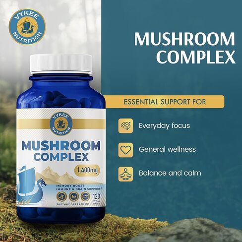 Vykee Nutrition Mushroom Complex – Lion’s Mane, Reishi & Cordyceps | Brain Supplement for Memory & Focus, Immune Support | Vegan, Non-GMO, Gluten-Free | 1,400 mg, 120 Count in Saudi Arabia