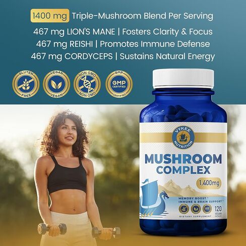 Vykee Nutrition Mushroom Complex – Lion’s Mane, Reishi & Cordyceps | Brain Supplement for Memory & Focus, Immune Support | Vegan, Non-GMO, Gluten-Free | 1,400 mg, 120 Count in Saudi Arabia