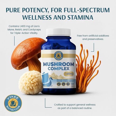 Vykee Nutrition Mushroom Complex – Lion’s Mane, Reishi & Cordyceps | Brain Supplement for Memory & Focus, Immune Support | Vegan, Non-GMO, Gluten-Free | 1,400 mg, 120 Count in Saudi Arabia