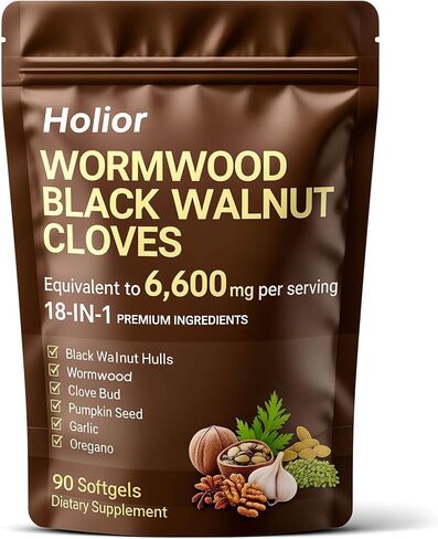 18-in-1 Black Walnut Wormwood - Herbal Wellness Blend with Clove, Garlic, Turmeric, Pumpkin Seed, Oregano, Berberine & More, Daily Digestive & Gut Balance Support Supplement - 90 Softgels in Kuwait