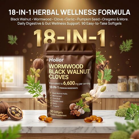 18-in-1 Black Walnut Wormwood - Herbal Wellness Blend with Clove, Garlic, Turmeric, Pumpkin Seed, Oregano, Berberine & More, Daily Digestive & Gut Balance Support Supplement - 90 Softgels in Kuwait