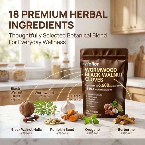 18-in-1 Black Walnut Wormwood - Herbal Wellness Blend with Clove, Garlic, Turmeric, Pumpkin Seed, Oregano, Berberine & More, Daily Digestive & Gut Balance Support Supplement - 90 Softgels in Kuwait