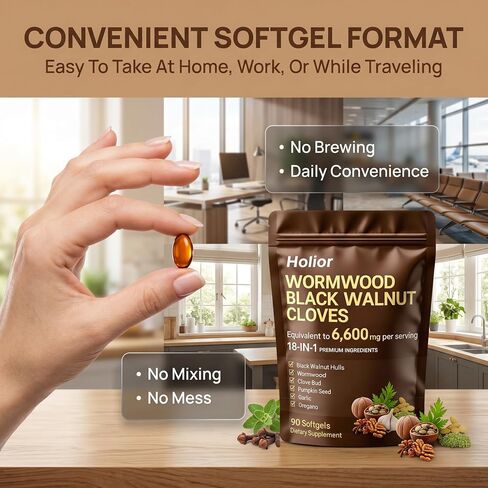 18-in-1 Black Walnut Wormwood - Herbal Wellness Blend with Clove, Garlic, Turmeric, Pumpkin Seed, Oregano, Berberine & More, Daily Digestive & Gut Balance Support Supplement - 90 Softgels in Kuwait