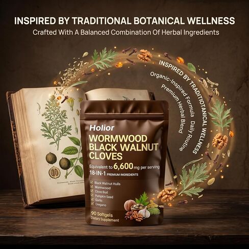 18-in-1 Black Walnut Wormwood - Herbal Wellness Blend with Clove, Garlic, Turmeric, Pumpkin Seed, Oregano, Berberine & More, Daily Digestive & Gut Balance Support Supplement - 90 Softgels in Kuwait