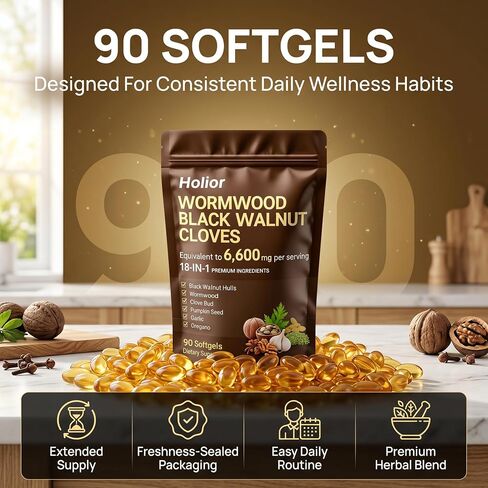 18-in-1 Black Walnut Wormwood - Herbal Wellness Blend with Clove, Garlic, Turmeric, Pumpkin Seed, Oregano, Berberine & More, Daily Digestive & Gut Balance Support Supplement - 90 Softgels in Kuwait