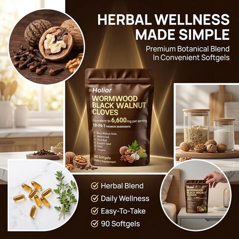 18-in-1 Black Walnut Wormwood - Herbal Wellness Blend with Clove, Garlic, Turmeric, Pumpkin Seed, Oregano, Berberine & More, Daily Digestive & Gut Balance Support Supplement - 90 Softgels in Kuwait