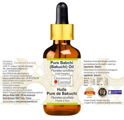 Greenwood Essential Babchi (Bakuchi) Oil (Psoralea corylifolia) with Glass Dropper | Cold Pressed | Natural | Undiluted | For Diluting Essential Oils | For Skin & Massage | Unisex | 50ml (1.69 oz) in Kuwait