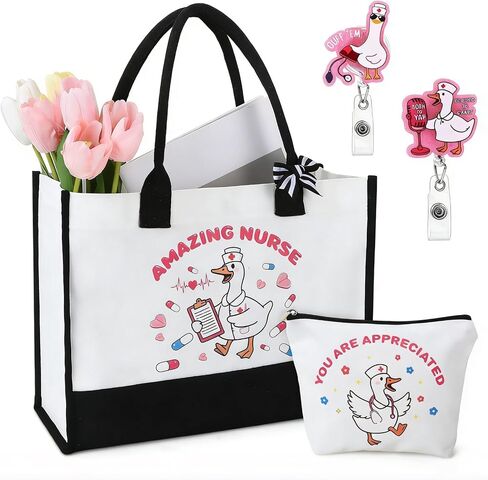 JATEBI 4 Pcs Nurse Practitioner Gifts Include 2 Silly Goose Print Canvas Tote Bags and Badge Reel, Nurse Gifts Set for Women Nurses Week Coworkers Friends in Kuwait