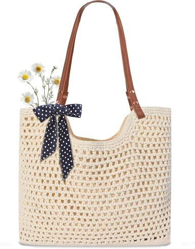 Crochet Mesh Beach Tote Bag, Large Woven Shoulder Bag with Leather Handles, Inner Pocket, Boho Summer Travel Purse for Women in Saudi Arabia