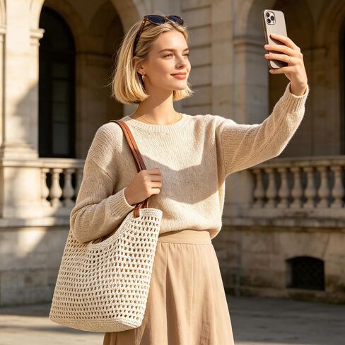 Crochet Mesh Beach Tote Bag, Large Woven Shoulder Bag with Leather Handles, Inner Pocket, Boho Summer Travel Purse for Women in Saudi Arabia