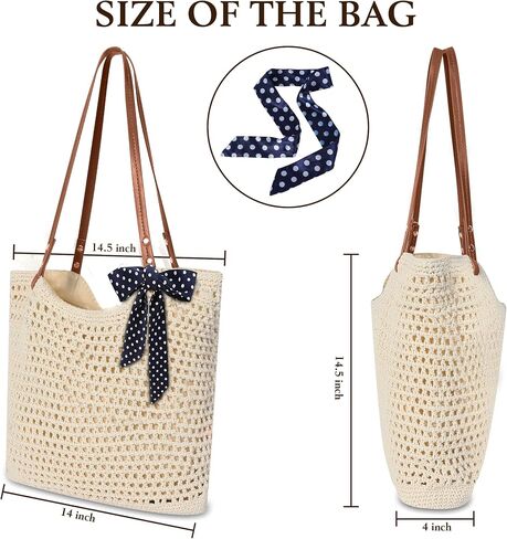 Crochet Mesh Beach Tote Bag, Large Woven Shoulder Bag with Leather Handles, Inner Pocket, Boho Summer Travel Purse for Women in Saudi Arabia