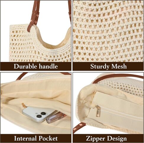 Crochet Mesh Beach Tote Bag, Large Woven Shoulder Bag with Leather Handles, Inner Pocket, Boho Summer Travel Purse for Women in Saudi Arabia