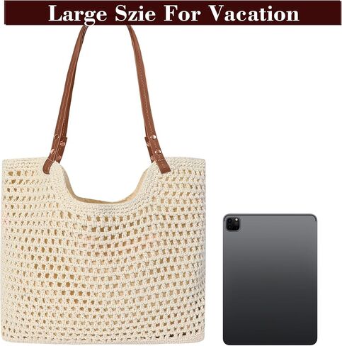 Crochet Mesh Beach Tote Bag, Large Woven Shoulder Bag with Leather Handles, Inner Pocket, Boho Summer Travel Purse for Women in Saudi Arabia