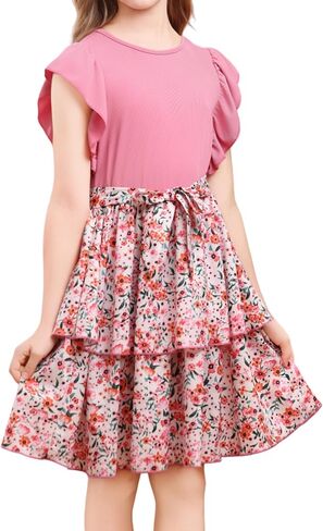 Girls Flutter Dress Round Sleeve Ruffle Sleeveless Natural Waist Midi Dress for Birthday Party Girls 8-12 Years in Saudi Arabia