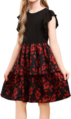 Girls Flutter Dress Round Sleeve Ruffle Sleeveless Natural Waist Midi Dress for Birthday Party Girls 8-12 Years in Saudi Arabia