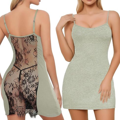 Famstar Patchwork Lace Backless Nightgown Spaghetti Strap Slip Dress Sexy Lingerie for Women in Saudi Arabia
