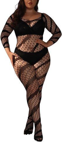 Plus Size Fishnet Bodysuit For Curvy Women, Full Leopard Body Stockings Rave Outfit, Sexy Lace Jumpsuit Festival Club in Saudi Arabia