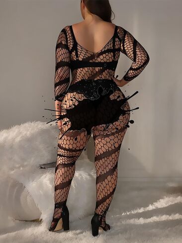 Plus Size Fishnet Bodysuit For Curvy Women, Full Leopard Body Stockings Rave Outfit, Sexy Lace Jumpsuit Festival Club in Saudi Arabia