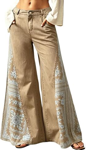 Women's Boho Floral Print Bell Bottom Jeans Elastic Waist Flared Baggy Jeans Retro Wide Leg Denim Pants in Kuwait