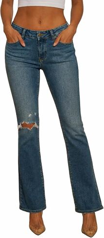 Women's Stretch Low Rise Elastic Skinny Distressed Flare Jeans in Saudi Arabia