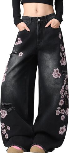 Women Baggy Jeans Vintage Floral Embroidery Wide Leg Denim Pants Y2K Hip Hop Streetwear Long Trousers in Kuwait