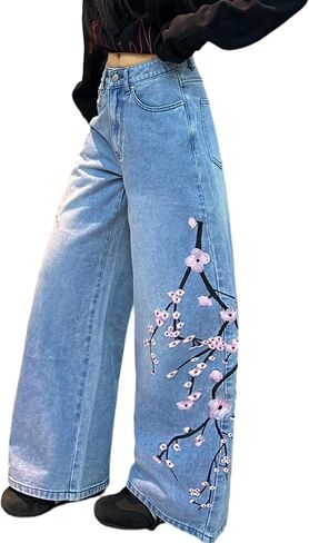 Women Baggy Jeans Vintage Floral Embroidery Wide Leg Denim Pants Y2K Hip Hop Streetwear Long Trousers in Kuwait