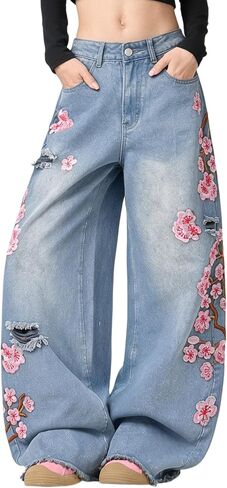 Women Baggy Jeans Vintage Floral Embroidery Wide Leg Denim Pants Y2K Hip Hop Streetwear Long Trousers in Kuwait