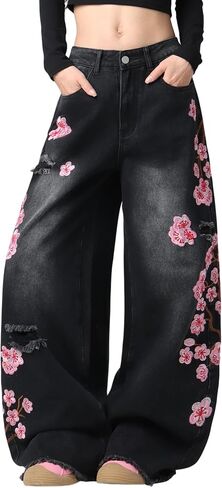 Women Baggy Jeans Vintage Floral Embroidery Wide Leg Denim Pants Y2K Hip Hop Streetwear Long Trousers in Kuwait