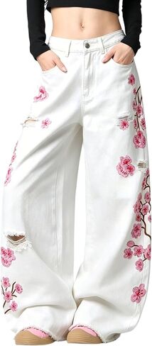 Women Baggy Jeans Vintage Floral Embroidery Wide Leg Denim Pants Y2K Hip Hop Streetwear Long Trousers in Kuwait