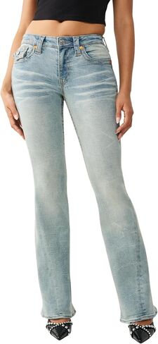 True Religion Women’s Joey Mid Rise Big T Flare Jeans – Pink Horseshoe Flap Pockets & Classic Flared Denim Fit in Kuwait