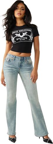 True Religion Women’s Joey Mid Rise Big T Flare Jeans – Pink Horseshoe Flap Pockets & Classic Flared Denim Fit in Kuwait