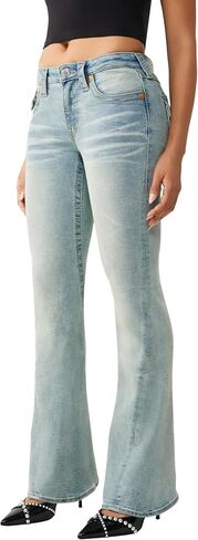 True Religion Women’s Joey Mid Rise Big T Flare Jeans – Pink Horseshoe Flap Pockets & Classic Flared Denim Fit in Kuwait