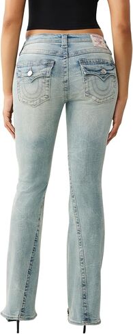 True Religion Women’s Joey Mid Rise Big T Flare Jeans – Pink Horseshoe Flap Pockets & Classic Flared Denim Fit in Kuwait