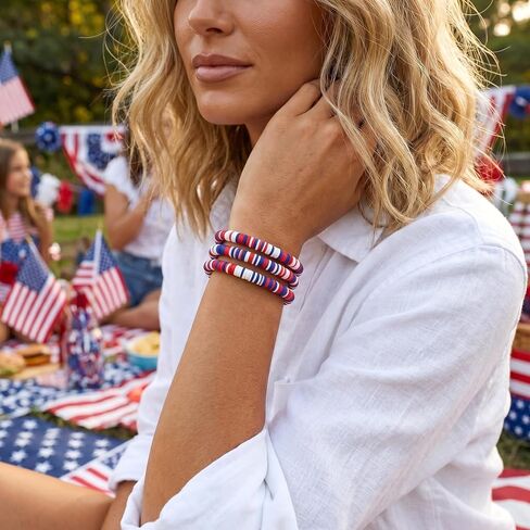 4th of July Bracelet for Women,Elastic Red White Blue Beaded USA Patriotic Bracelets Set,Trendy Fourth of July Accessories Gifts in Saudi Arabia